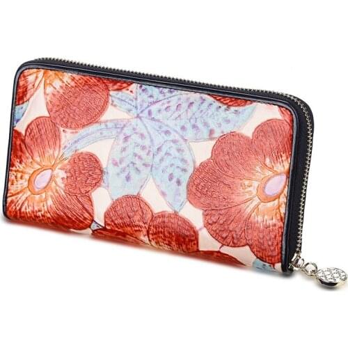 3D Art Long Wallet Red Embossed Flower Real Genuine Leather Zipper Wallets Women Clutche Purse for Coins Phone Card Holder bag