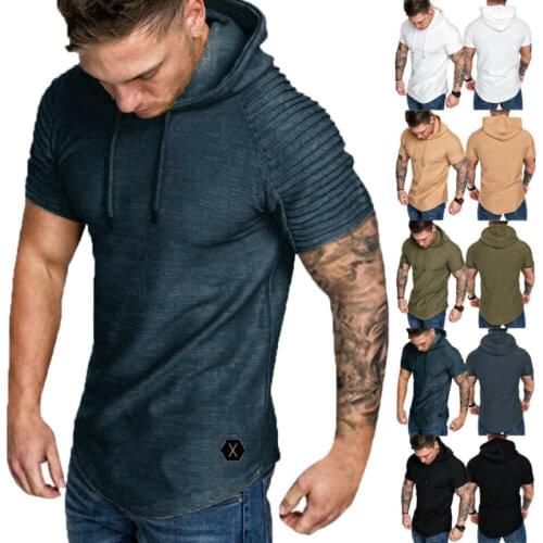 Men Slim Fit GYM Short Sleeve T-Shirt Vests Pullover Hooded Tank Tops Muscle Clothes Tops Solid Casual Khaki Green Black White