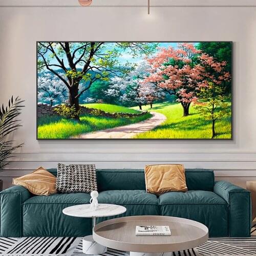 80x200cm Green Trees Pink Flowers Painting Modern Landscape Oil Painting On Canvas Posters and Prints Wall Picture For Home Room