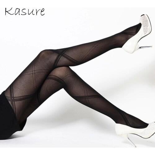 KASURE Sexy Big Plaid Pattern Woman Tights Transparent Fishnet Pantyhose Jacquard Fashion Nylon Elastic Female Mesh Tights