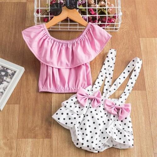 Cute Baby Girls Clothes Sets 2PCS Pink Top + Polka Dots Print Suspender Shorts Pants 12M Toddler Girl Outfits Birthday Costume