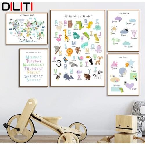 Educational Canvas Painting Nordic Animal Colors Numbers Map Weather Wall Art for baby Kids Room Decor Print Poster Picture