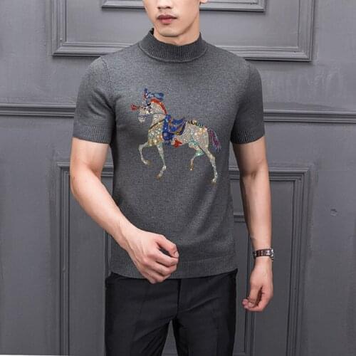 Very Soft Material Diamond Popular Animal Theme Comfortable Mens Short-Sleeved Pullover Knitted T-Shirt Base Sweater