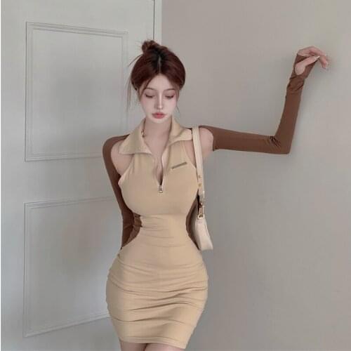 Autumn Woman Dress Sexy Club Off Shoulder Turn-down Collar Low-cut Bodycon Dress Fashion Korean Style Female Two-piece Suit