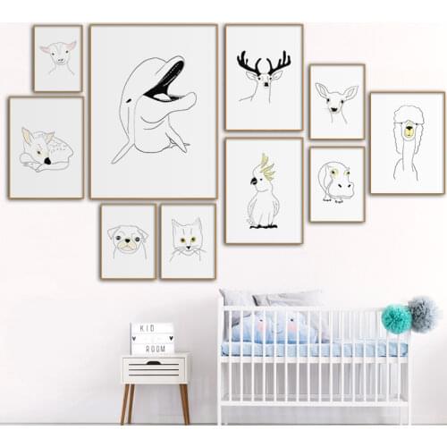 Baby Animals Canvas Poster White and Black Minimalist Line Art Wall Art Painting Print Tiger Cat Frog Picture for Kids Bedroom