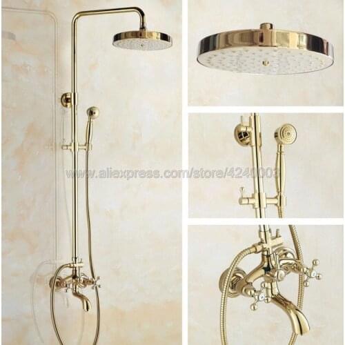 Gold Polished Bathroom Shower Faucet Double Handle Swivel Spout Tub Mixer Tap with Hand Shower Wall Mounted Kgf445