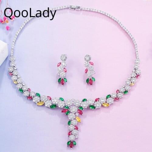 QooLady Gorgeous Mix Color Flower Cubic Zircon Dangle Drop Necklace Earring Wedding Bridal Costume Jewelry Sets Accessories Z044