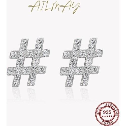 Ailmay Top Quality Real 925 Sterling Silver # Shape Symbol Clear Zircon Stud Earrings For Women Girls Party Accessories Jewelry