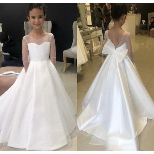 Modest Satin A-Line Flower Girls Dresses Jewel Illusion Long Sleeves First Holy Communion Dresses With Bow Custom Made