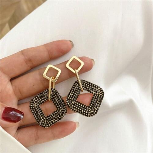 Origin Summer Exaggeration Spark Rhinestone Square Geometric Earrings for Women Gold Color Metallic Hanging Drop Earrings Gift