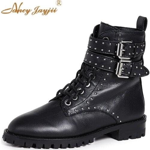 Black White Motorcycles Boots Women Ankle Bota Ladies Shoes Luxury Rivets Buckle Strap Plush Block Heel Low Big Size 45 43 44