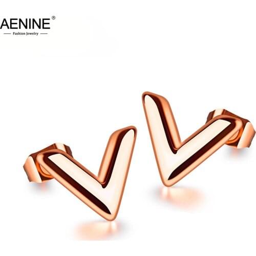 AENINE Fashion Simple Unique V Shape Stainless Steel Stud Earrings Rose Gold Nver Fade Jewelry For Women Girls Lovers AE17073