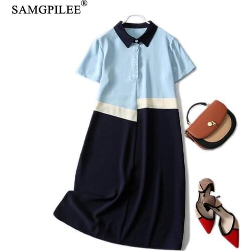 Summer 2021 New Korean Style Dress For Women Casual A-line Patchwork Short Sleeve Knee-length Turn-down Collar Dresses Woman 4XL