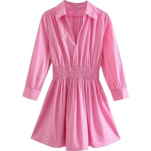 Women Fashion Pink Color Mini Dress Chic Elastic Waist V Neck Shirt Dress Female Long Sleeve Cotton Dresses Vestidos