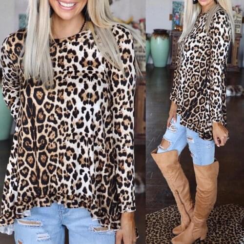 2XL Women Long Sleeve O Neck Leopard Print Blouse Top Ruffle High Low Hem T-shirt Plus Size Female Blusas