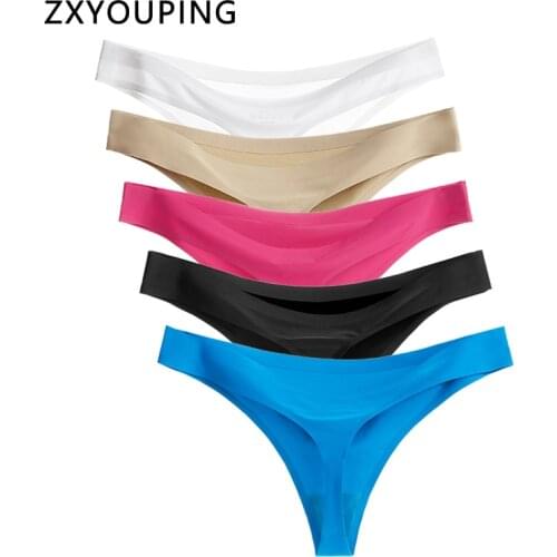 5Piece Ice Silk Seamless Thongs and G String Panties Women Underwear Lowe-Rise Solid Sexy Tangas Femme Lingerie Briefs Big Size