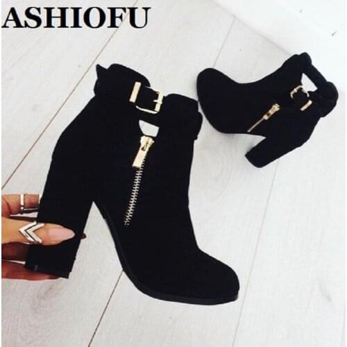 ASHIOFU Handmade Ladies Chunky Heel Boots Buckle Strap Deco Shopping Party Ankle Boots Side-zipper Evening Prom Fashion Boots
