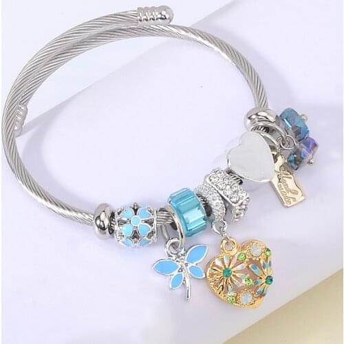 Stainless Steel Cuff Bracelets For Women Gold Love Heart Daisy Flower Dragonfly Charm Bangle Jewelry Femme Friends Gifts 2019