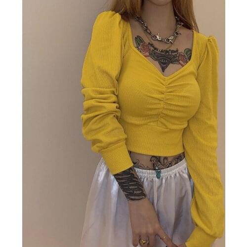 Cheap and Chic Street Trendy Square Collar Sexy Short Sweatshirt Knitted Cotton Long Sleeve Autumn Women Top