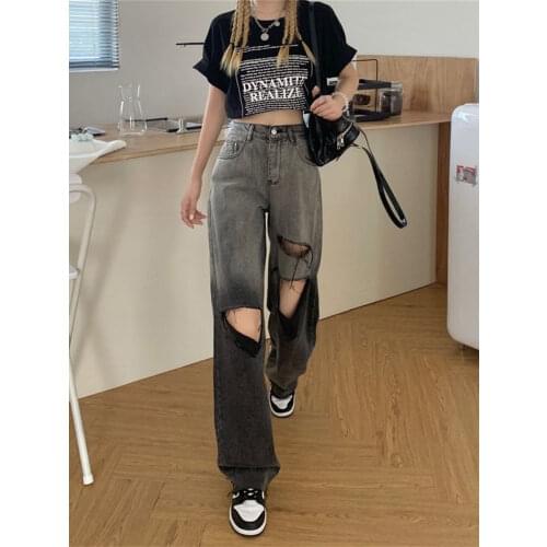 Summer Ripped Jeans Girl Women High Street Straight Autumn Patchwork Cargo Pants Streetwear Cool Harajuku Punk Jeans Female