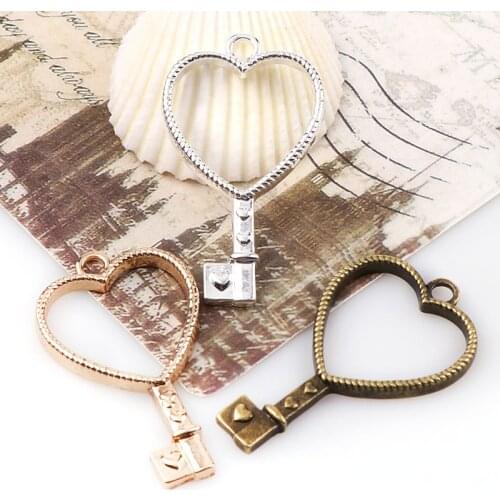 Vintage Love Heart Key Antique Metal Hollow Frame Glue Blank Connector Charms Pendant DIY Jewelry Findings Accessories