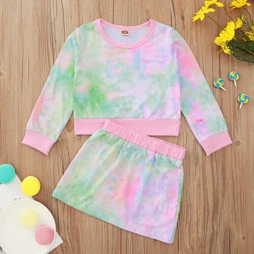 Tie-dye Children Toddler Girls Wear Set Long Sleeve O-neck T-shirt + Elastic Waist Skirt for Spring Fall