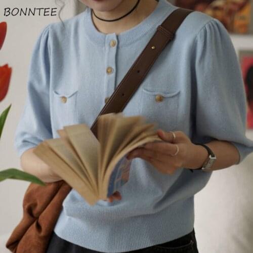 T-shirts Women Fashion Elegant Vintage French Style All-match Loose Buttons Summer New Comfortable O-neck Female Knitted Tops