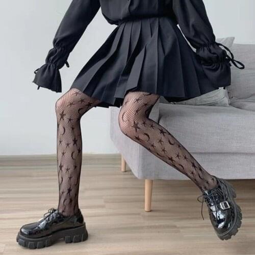 Black Gothic Clothes Summer Fishnet Pantyhose Sexy Anti-hook Mesh Star Moon Jacquard Fishnet Stockings Fashion Womens Tights