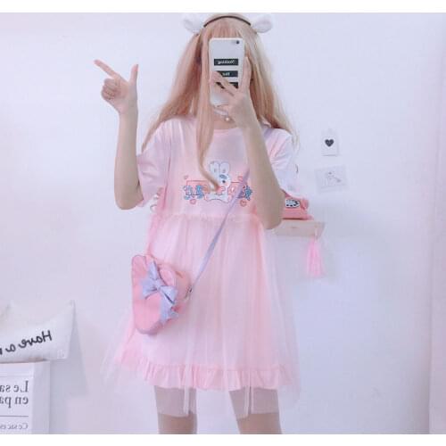 Summer Lolita Dresses 2020 Japanese Kawaii Rabbit Cute Anime Short Sleeve Pink White Dress Casual T Shirt Dress Female Clothing