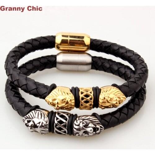 Granny Chic Hot Sell Jewelry for Men Silver/Gold Lion Head Black Genuine Leather Bracelet Wristband 8.66"