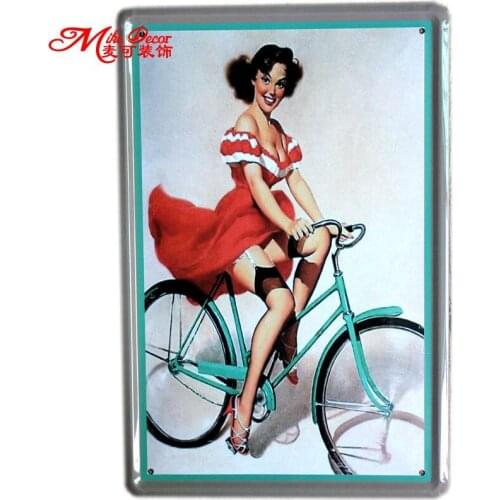 [ Mike86 ] Red Dess lady on Bike Metal Plaque Wall Decor Painting ART vintage House Bar Tin Signs A-577 Mix Items 20*30 CM
