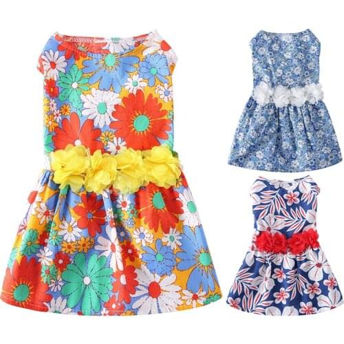Cute Floral Printed Dog Dress Big Swing Skirt Hawaiian Beach Style Sleeveless Pullover Summer Pet Dog Clothes Puppy Dog Costume