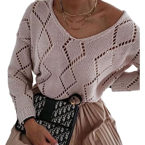 Fashion Women Sweater Pure Color Hollow Out Knitted Pullover Blouse Oversized Sweaters Long Sleeve Loose Sweaters