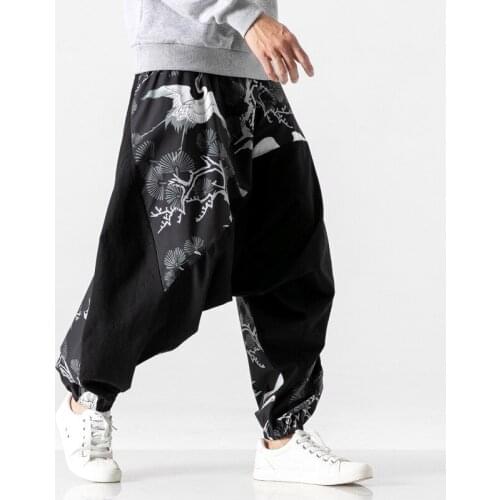 2021 Summer Autumn Japanese Style Men New Harem Pants Crane Print Loose Casual Streetwear Fashion Patchwork Trousers Plus Size