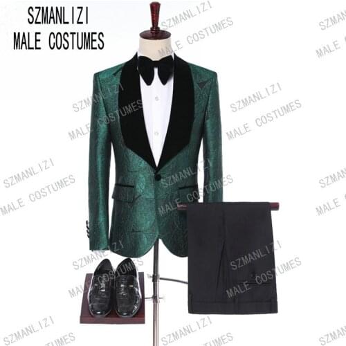 Men Suits With Pants 2019 Italian Tuxedo Slim Velvet Lapel Green Leaves Formal Groom Wedding/Prom/Party Suits Best Man Blazer