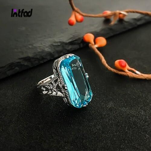 925 Sterling Silver Rings 10*20mm Large Light Blue Stone Ring for Men Women Luxury Fine Jewelry Finger Ring Gift