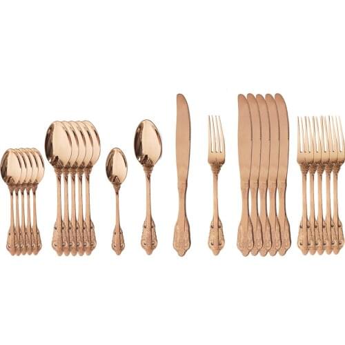 24Pcs Rose Dinnerware Set Luxury Vintage Tableware Set 304 Stainless Steel Flatware Set Western Cutlery Set Knife Fork Spoon