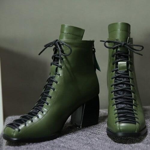 New Chunky Heels Women Ankle Boots Square Toed Cross Tied Handmade Genuine Leather Women Boots Platform Back Zipper Ladies Shoes