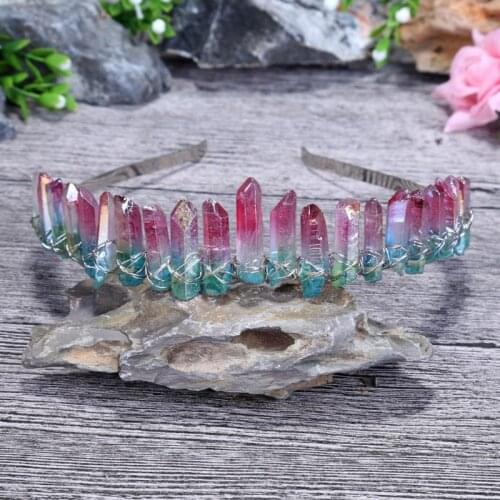 Handmade Quartz Crystal Crown Gradient Green Pink Stone Angel Aura Hair Hoop NEW