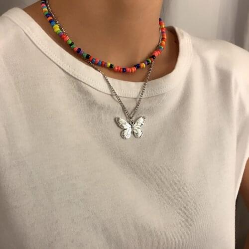 New 2020 Butterfly Necklace Pendant Colorful Beads Layered Necklace For Women Fashion Female Alloy Jewelry