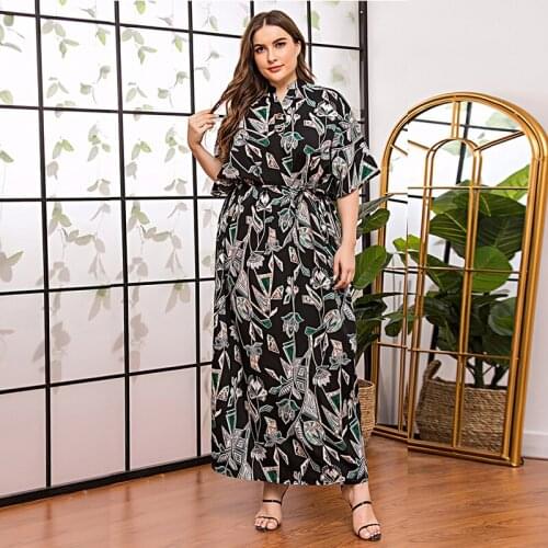 DOIB Batwing Sleeve Plus Size Dresses Women Black Print Loose Abaya Kaftan Islamic Clothing Dubai Muslim Maxi Long Dress