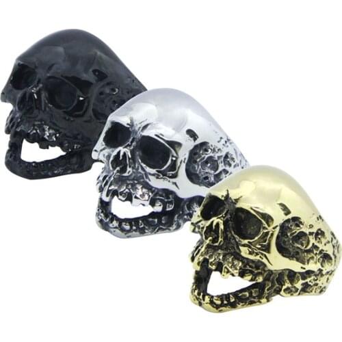 Size 7-13 Cool 316L Stainless Steel Small Black Gold Retro Death Skull Ring Vintage Ladies Mens Walking Skull Biker Ring