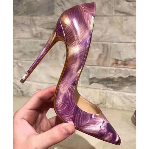 Newest Purple Swirled Patent Leather High Heel Shoes Vortex Printed Pointed toe Dress Pumps 12cm Heel Gladiator Wedding Shoes