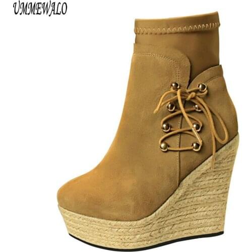 UMMEWALO Wedges Women Ankle Length Flock Boots Fashion Zipper Design Round Toe Wedges Winter Ankle Boots Ladies Shoes
