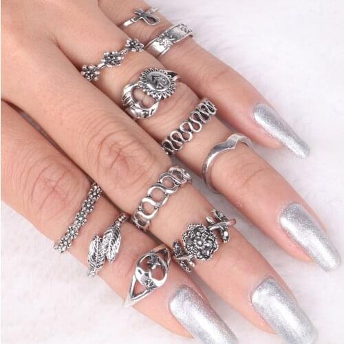 Vendimia 11PCS Bohemia Elephant Carved Midi Knuckle Rings Set Women Ethnic Antique Silver Color Vintage Beach Charm Finger Rings