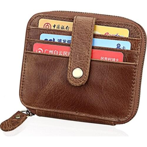 Top Layer Cowskin Mens Wallets Brown Small Coin Purse Zipper Money Pocket for Men Women Genuine Leather Vintage RFID Card Holder