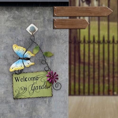 Vintag Garden Welcome Sign for Front Door Porch Hanging Ornament Metal Yard Flower Welcome Wall Plaque Butterfly Art Decoration
