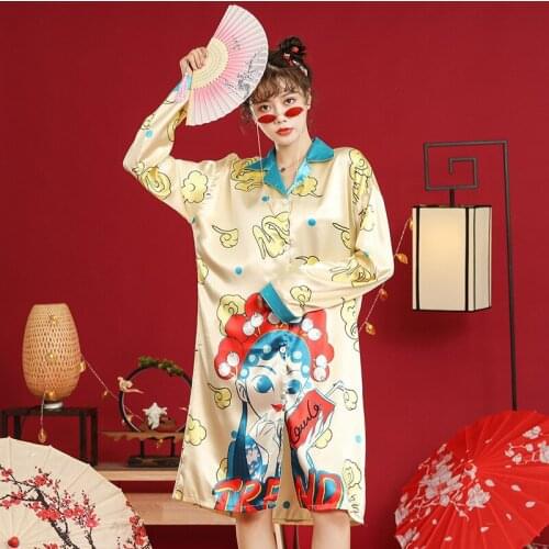 Autumn New Satin Sleepshirts Womens Casual Turn-down Collar Nightgown Chinese Retro Loose Nightdress National Fashion Sleepwear