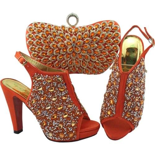 Women Shoes and Bag Set In Italy coral Color Italian shoes and bags to match Decorated with Rhinestone Nigerian Wedding QSL005