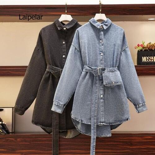 Spring Summer Womens Solid Denim Dress Female Pocket With Belt Slim Dress Ladies Single Breasted Vintage Dresses